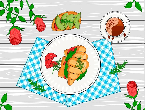 Vektorillustration Des Servierten Frühstückstisches Kaffee Sandwich Und Croissant Stillleben Essen — Stockvektor