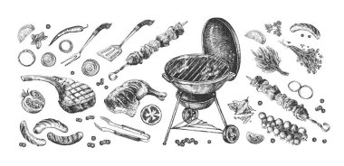 Barbekü setinin vektör çizimi. Barbekü ızgara ekipmanı ve aksesuarlar. Sebze ve et yemeği jambon, sosis, kebap gibi. Spatula, forseps, çatal. Klasik el çizimi biçimi.