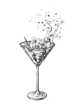 Martini bardağının vektör çizimi. Alkollü kokteyl, zeytinli kürdan ve su sıçratma. Klasik el çizimi biçimi.