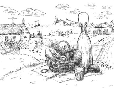 Çiftlik yemeği taslağının vektör çizimi. Taze pişmiş çiftlik ekmeği ve süt şişede. Evleri olan doğa manzarasında. Klasik el çizimi biçimi.