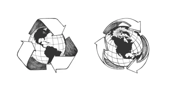 Ilustração Vetorial Símbolo Mundial Reciclagem Global Seta Torno Planeta Terra — Vetor de Stock