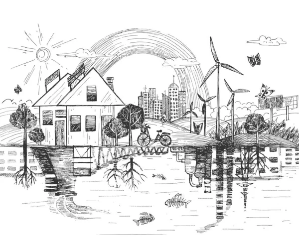 Vektorová Ilustrace Ikony Ekologie Země Tradiční Továrna Způsobující Průmyslové Znečištění — Stockový vektor