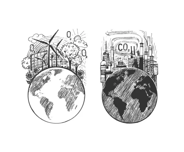 Ilustracja Wektorowa Ikony Ekologii Ziemi Tradycyjny Zakład Produkcyjny Powodujący Zanieczyszczenie — Wektor stockowy