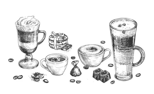 Illustrazione Vettoriale Del Set Caffè Latte Cappuccino Americano Espresso Assortimento — Vettoriale Stock