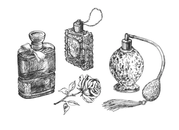 Vector Illustration Perfumery Sketch Fashion Female Perfume Glass Bottle Composition — Stock Vector
