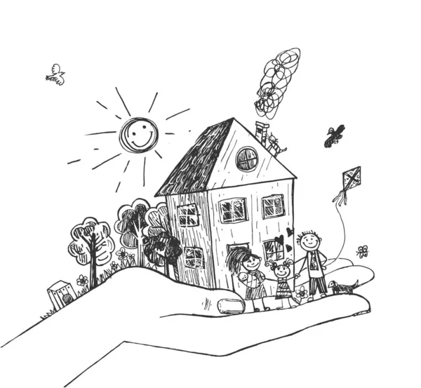Vector Illustration Home Care Happy Family Cozy House Shiny Sun — Stock Vector