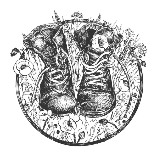 Illustrazione Vettoriale Vecchi Stivali Scarpe Trekking Retrò Cornice Floreale Rotonda — Vettoriale Stock