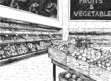 Süpermarkette meyve ve sebzelerin vektör çizimi. İçi taze organik çiftlik gıdalarıyla dolu ahşap sandıkla dolu bir market. Klasik el çizimi biçimi.