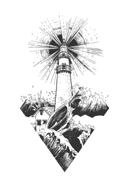 Illustration Vectorielle Dessinée Main Phare Tour Balise Nautique Avec Projecteurs — Image vectorielle