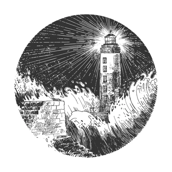 Vektor Handgezeichnete Illustration Des Nächtlichen Leuchtturms Hoher Leuchtturm Verregneter Und — Stockvektor