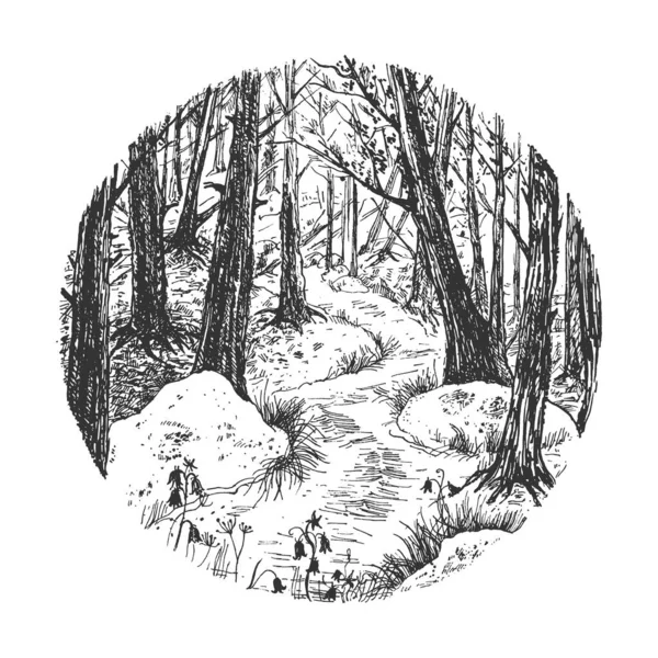 Illustration Vectorielle Dessinée Main Croquis Rond Forestier Paysage Naturel Noir — Image vectorielle