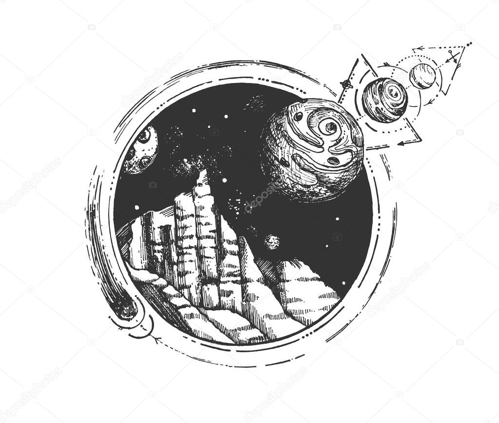 Vector hand drawn illustration of fantastic landscape with space mountain and planet range in cosmos surface in vintage engraved style. Isolated on white background.