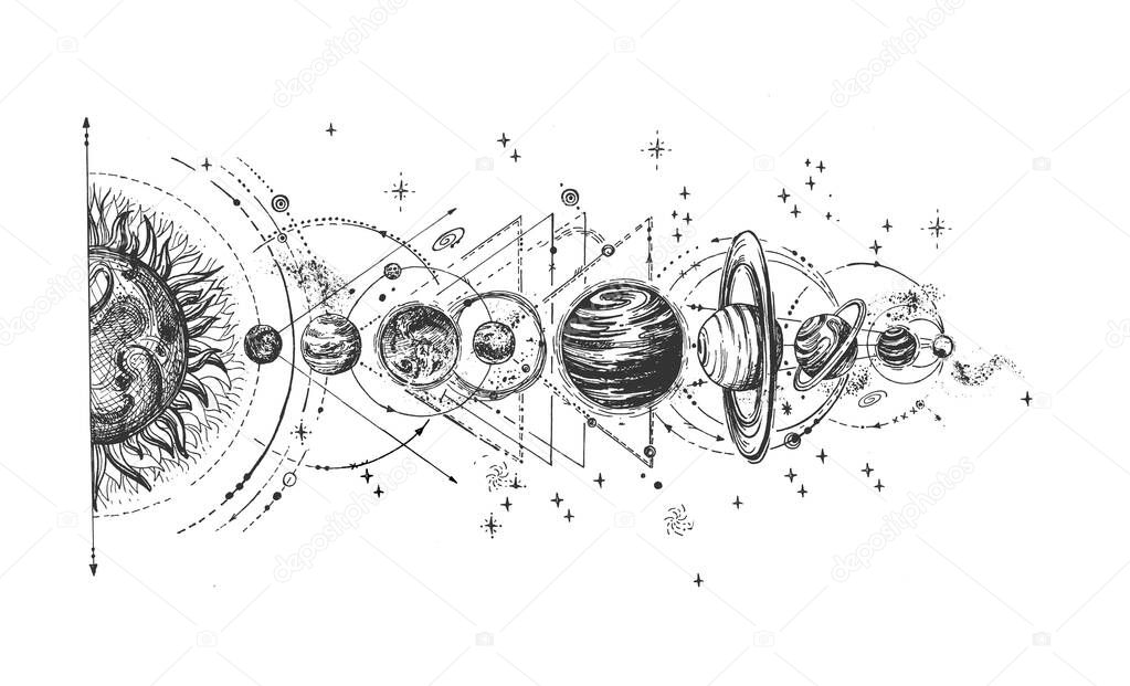 Vector hand drawn illustration of planet with satellite arrangement from sun sketch. Solar system infographic in vintage engraved style. Isolated on white background.