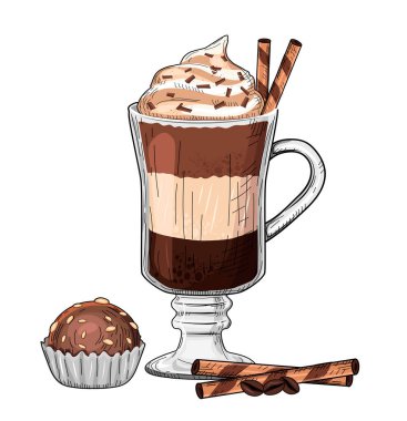 Latte 'nin vektör illüstrasyonu. Baharatlı sıcak sütlü kafein içeceği ve şeften çikolatalı kek gibi iltifat. Klasik el çizimi biçimi.