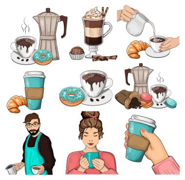 Kahve seti. Vektör yanıltması. Kahve makinesi portresi, barista, kadın kahveci portresi, latte, hayat.. 