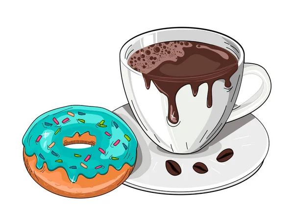 Vector Illustration Coffee Break Time Donuts Sweet Dessert Hot Aroma — Stock Vector