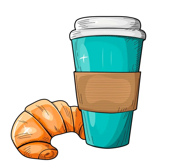 Vector Illustration Appetizing Breakfast Tasty Fast Food Snack Croissant Coffee — Stock Vector