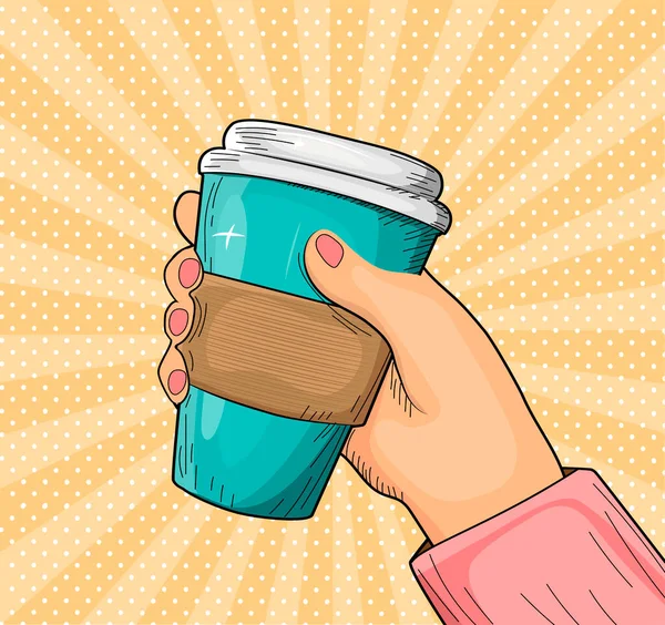 Vector Illustratie Van Koffiepauze Vrouwelijke Hand Houden Wegwerp Afhaalmaaltijden Aroma — Stockvector