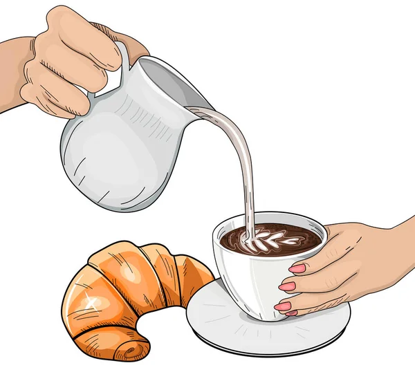 Wektorowa Ilustracja Przygotowania Kawy Kobieta Wlewa Mleko Kawy Barista Trzymać — Wektor stockowy