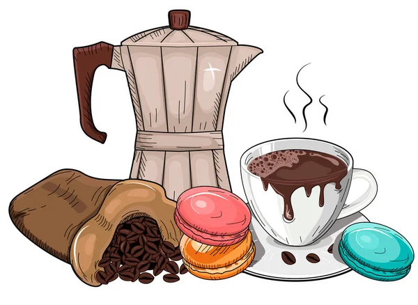 Vektor Illustration Der Kaffeepause Attrappe Textilbeutel Gefüllte Bohnen Tasse Mit — Stockvektor