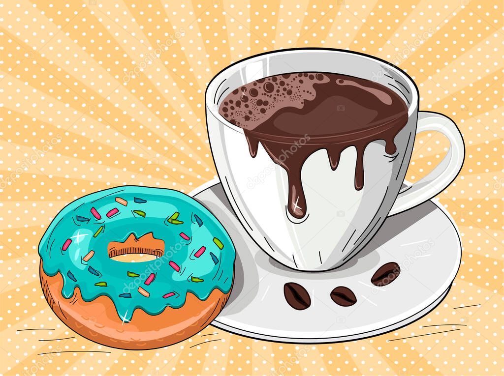 Vector illustration of coffee break time with donuts. Sweet dessert, hot aroma drink in cup on saucer. Polka dot with sunbeam rays pop art background. Vintage hand drawn style.