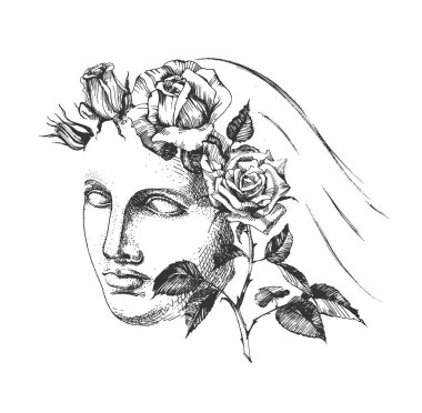 Afrodit 'in (Venus de Milo) çiçek çelengi ve klasik oymalı resim portresiyle resmedilmiş resmi. Beyaz arkaplanda izole
