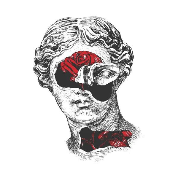 Векторная Ручная Иллюстрация Красного Розового Цветка Внутри Афродиты Венеры Милосской — стоковый вектор