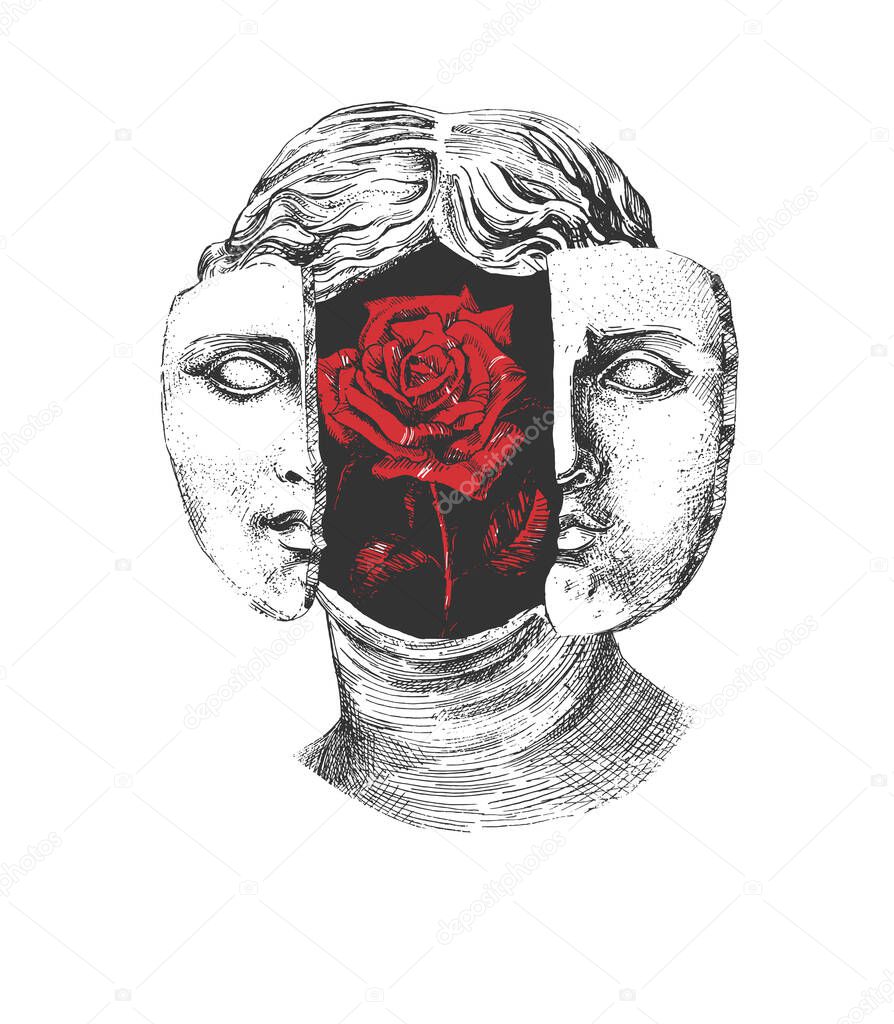 Vector hand drawn illustration of Aphrodite goddess of beauty portrait with red rose inside head in vintage engraved style. Isolated on white background.