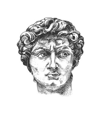 David 'in baş antika Michelangelo heykeli çizimi. Eski oyma stil oymalı. Beyaz arkaplanda izole.