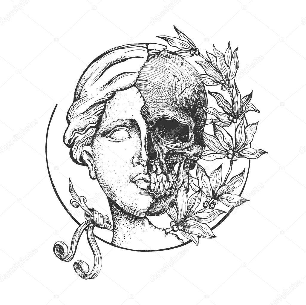 Vector hand drawn illustration of Venus de Milo sculpture. Head of antique greek goddess statue head and skull in half with flowers in vintage engraved style. Isolated on white background