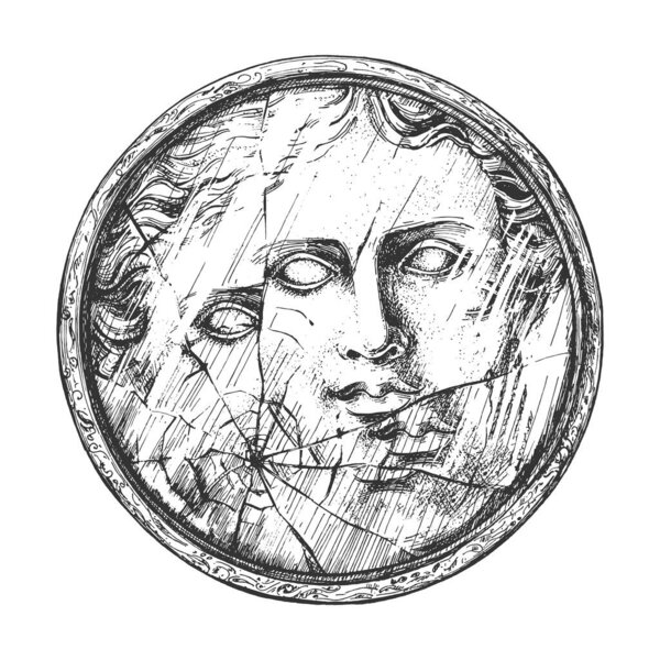 Векторная ручная иллюстрация отражения женского лица в круглом зеркальном наброске. Художественная тарелка Fornasetti в винтажном гравированном стиле. Изолированный на белом фоне.