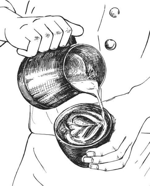 Ilustración Dibujada Mano Vectorial Mano Del Barista Masculino Hace Diseño — Vector de stock