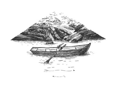 Taşıyıcı el, nehirde yüzen kürek ya da klasik oymalı dağdaki göl suyu ile ahşap teknenin resimlerini çizdi. Beyaz arkaplanda izole.