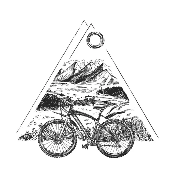 トレイルライドツアーセットのベクトルイラスト 三角形のスタイリッシュな現代の山の風景の背景にスポーツ自転車 自転車やローバー 手描きのヴィンテージスタイル — ストックベクタ