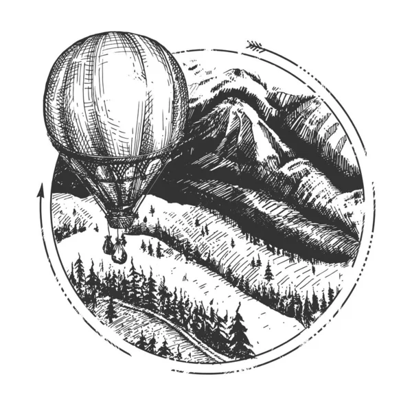 Vektor Handritad Illustration Aerostat Över Högland Och Skog Skiss Runt — Stock vektor