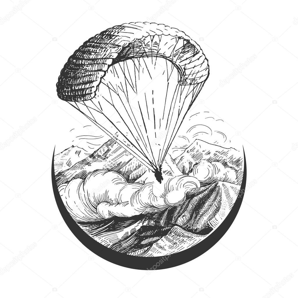 Vector hand drawn illustration of skydiver descending with parachute in sky flying over mountains range in vintage engraved style. Paragliding or parachuting sport logo isolated on white background.