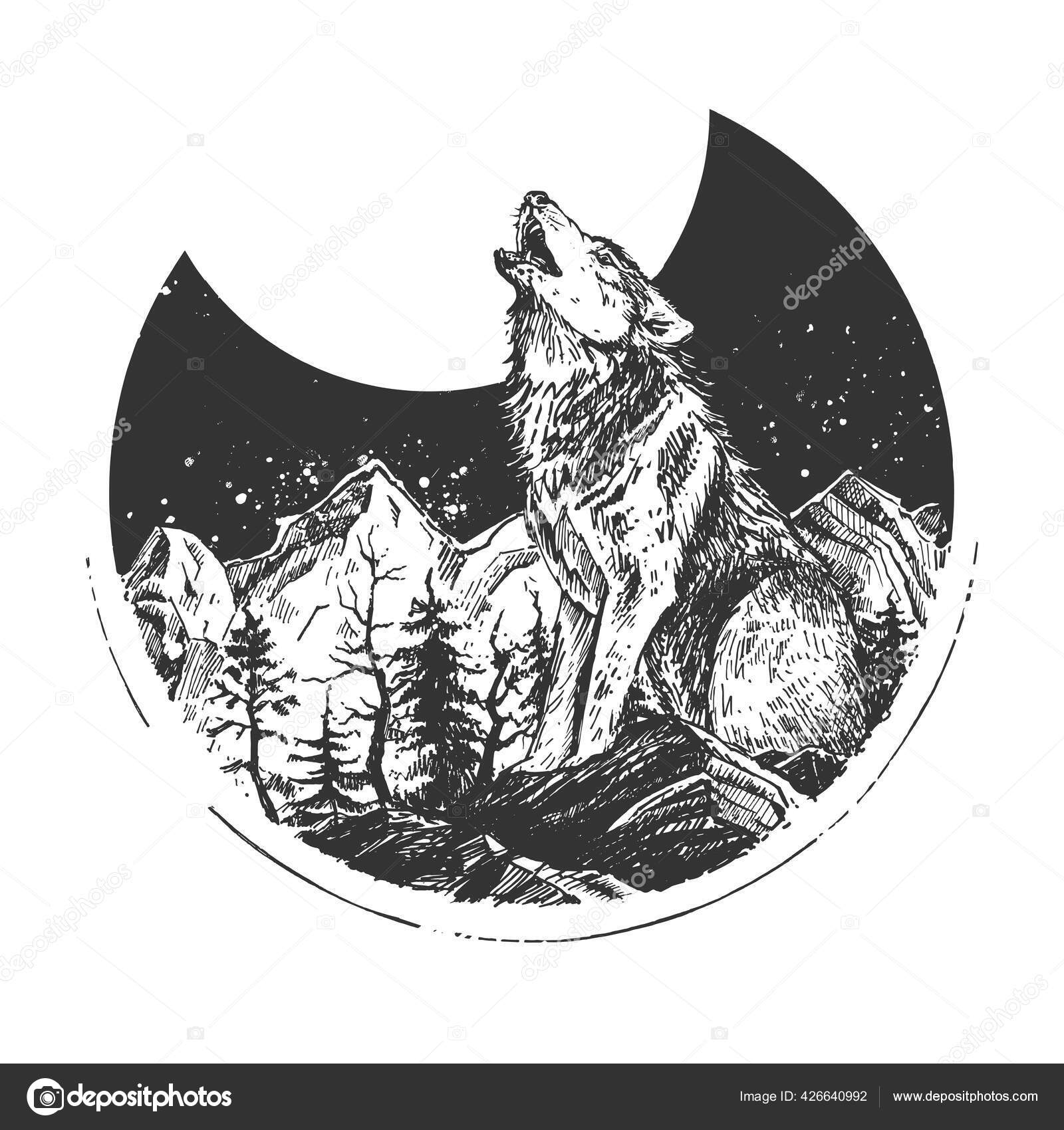 Wolf Howling At Full Moon Black And White