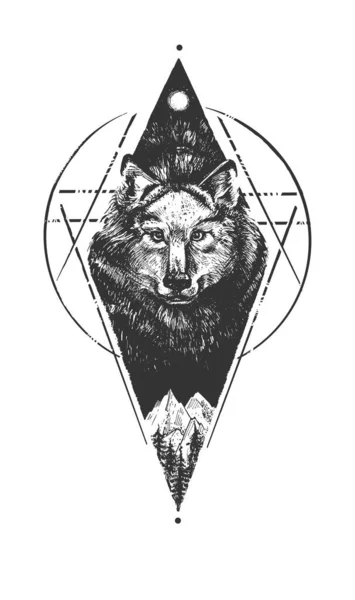 山の森の紋章の上に暗い空にオオカミの銃口のベクトル手のイラストを描いたヴィンテージ刻まれたスタイルでデザインを刻ま 白地に隔離された — ストックベクタ