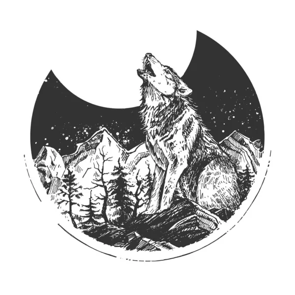 病媒手绘了一幅图画 描绘了野生狼在满月时站在山林石上嚎叫的情景 夜晚的自然景观徽章在古老的雕刻风格 因白人背景而被隔离 — 图库矢量图片