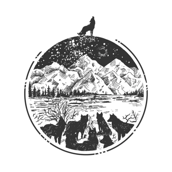 冬の森で狼の大群を描いたベクトル手描きのイラストと ヴィンテージの刻印されたスタイルで月に吠えるアルファオスの狼 白い背景に孤立した山の高地の風景 — ストックベクタ