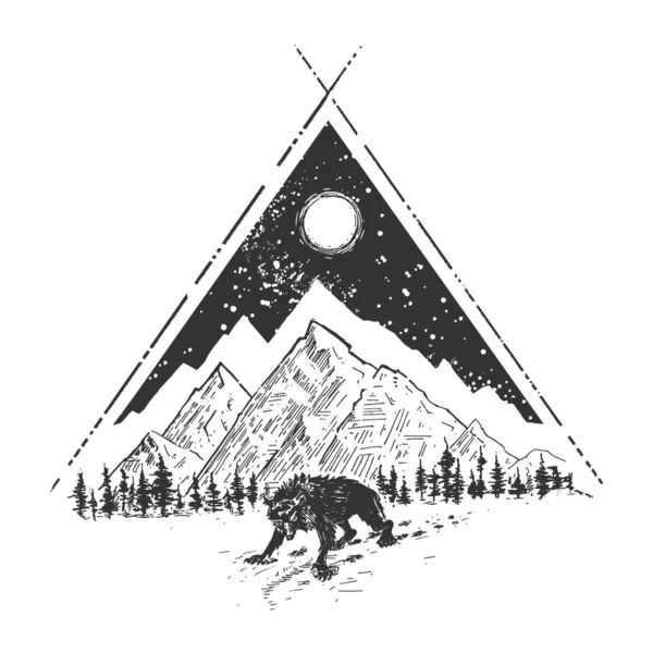 Vector Hand Drawn Illustration Angry Grinning Wolf Coming Out Dark Royalty Free Stock Vectors