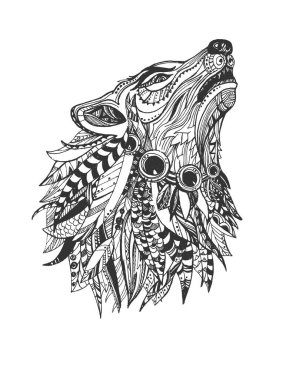 Vector el çizimi vahşi dişli kurdun eski usul oymalı ulumalarını gösteriyor. Beyaz arkaplanda izole edilmiş bir hayvan portresi.