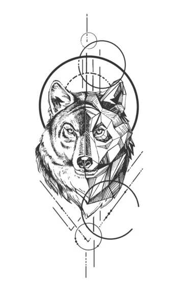 ベクトルハンドは ヴィンテージ刻まれたスタイルで多角形のデザインと幾何学的な数字のシンボルと野生のオオカミの頭のイラストを描きました 白地に隔離された — ストックベクタ