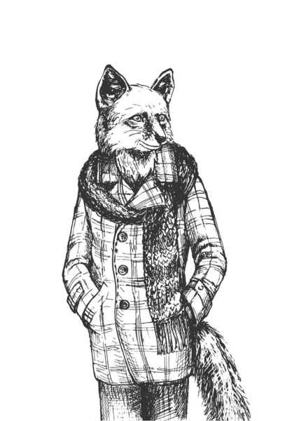 Illustration Vectorielle Dessinée Main Monsieur Renard Homme Portant Des Vêtements — Image vectorielle