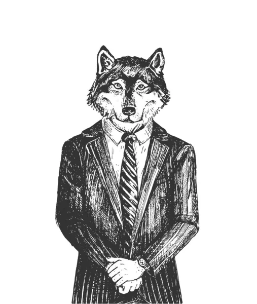 Vector Mão Desenhada Ilustração Homem Brutal Lobo Wall Street Vestindo —  Vetores de Stock