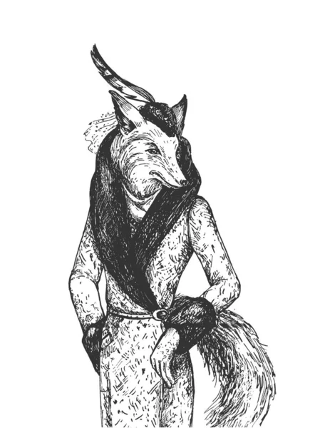 Διάνυσμα Ζωγραφισμένο Στο Χέρι Απεικόνιση Της Αλεπούς Κυρία Ντυμένος Ρετρό Εικονογράφηση Αρχείου