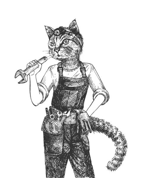 Vector Hand Getekend Illustratie Van Kat Monteur Uniform Vasthouden Moersleutel Vectorbeelden