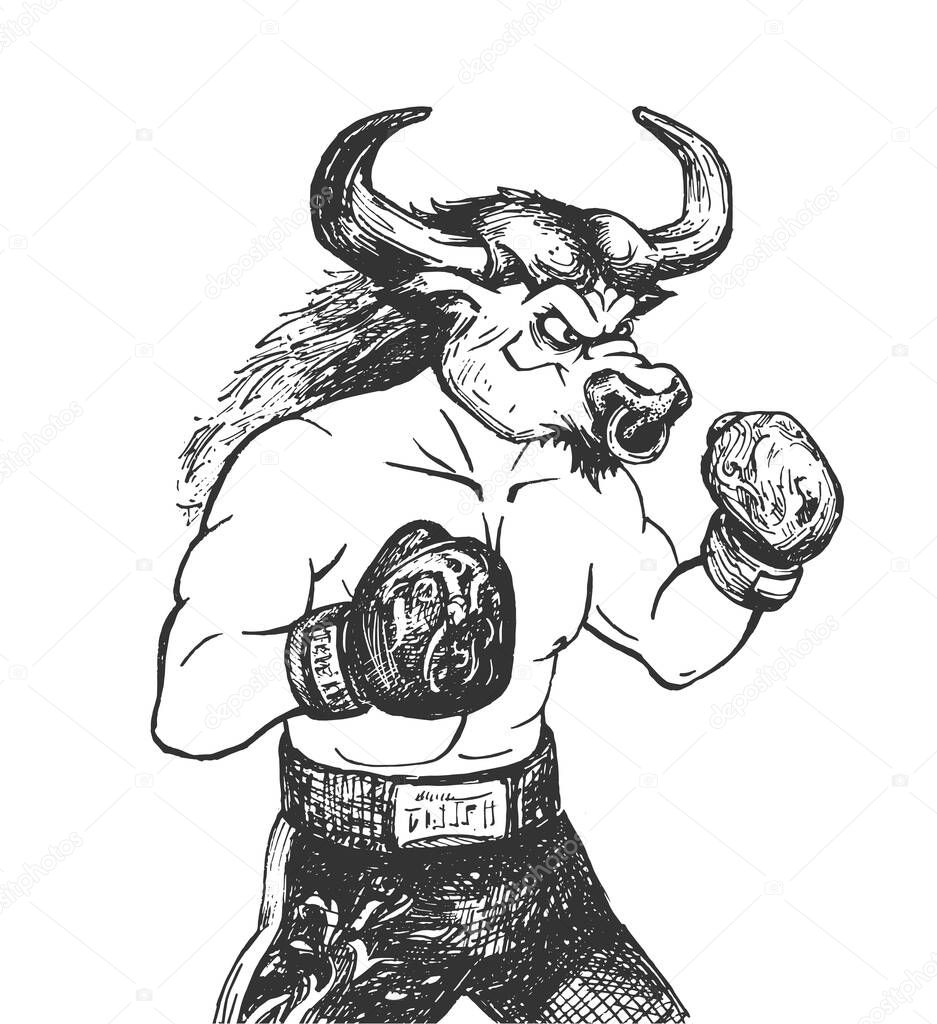 Vector hand drawn illustration of bull athlete boxer wearing boxing gloves, championship belt and shorts in vintage engraved style. Animal portrait Isolated on white background.