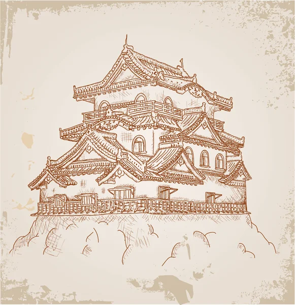 Bosquejo del castillo japonés sobre papel viejo — Vector de stock