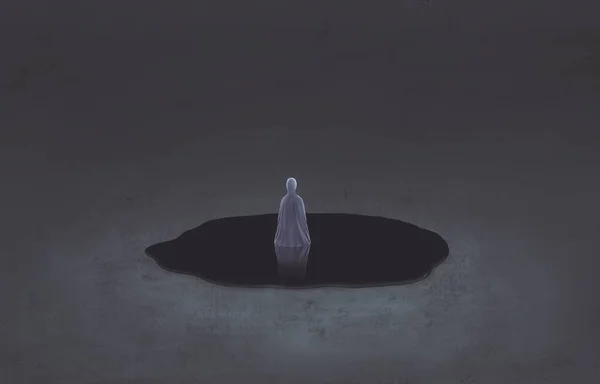 黒水の男の怖いと悲しみのシーン ホラーハロウィンゴーストとうつ病の概念のイラスト シュールリアルアート 謎の絵画 — ストック写真